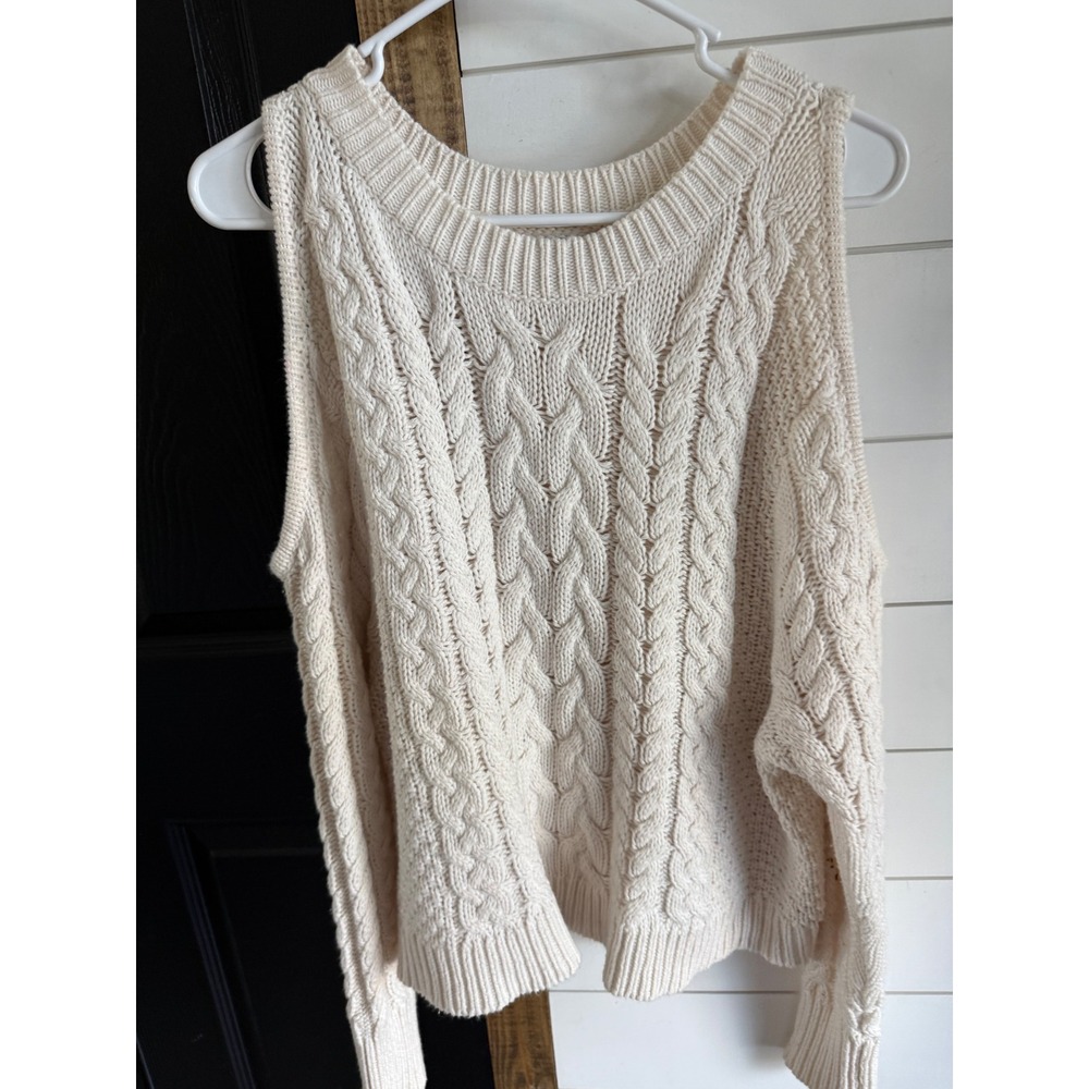 Aerie Women Cream Cable Knit Cold Shoulder Sweater Medium Off White Ribbed Trim